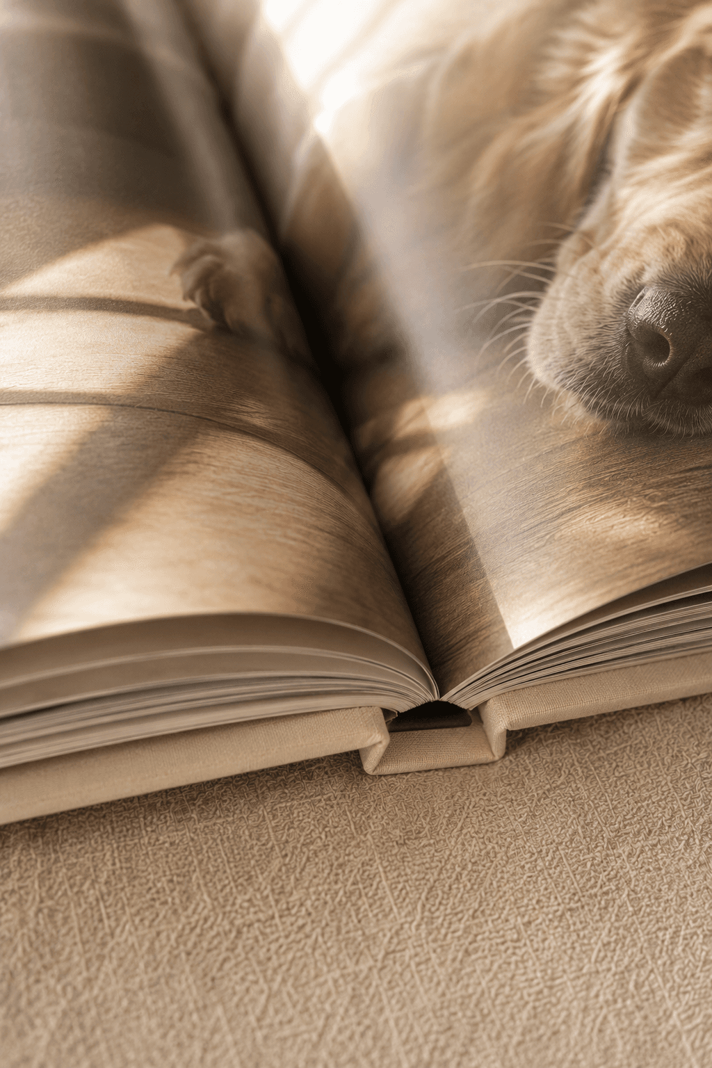 Hardcover photo book lying open at the gutter, casewrap binding visible, a soft photograph of a dog spreading across the spread.