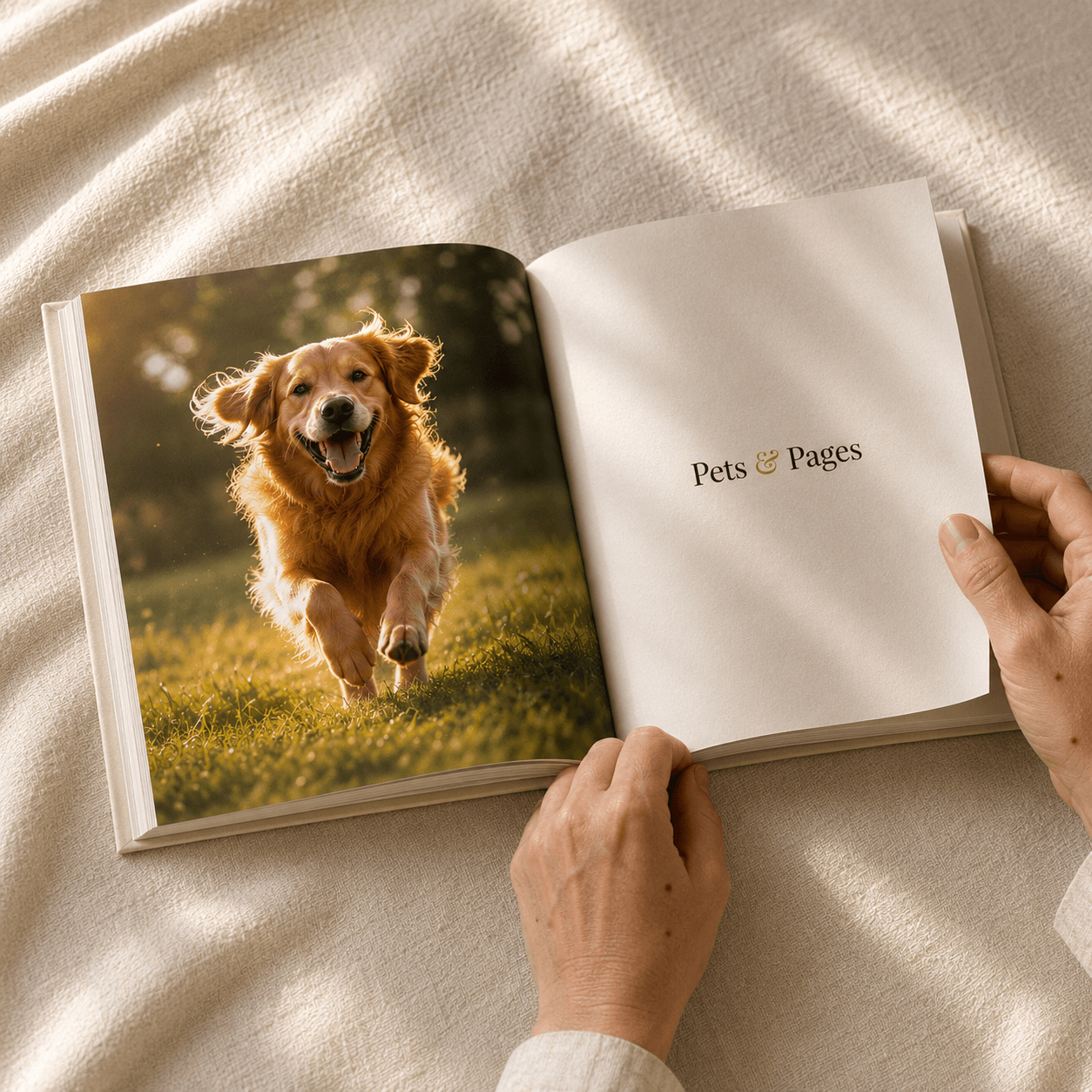 Hands turning a page in an open Pets & Pages photo book on a linen surface.