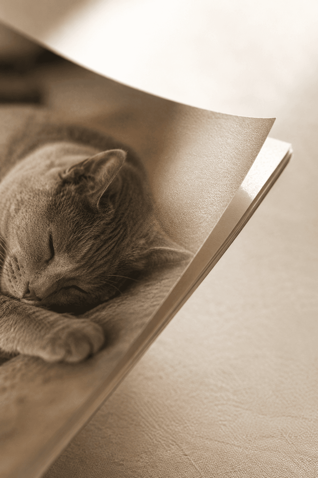 Macro of a printed photo book page showing a sleeping cat, the lifted corner revealing heavy coated paper.