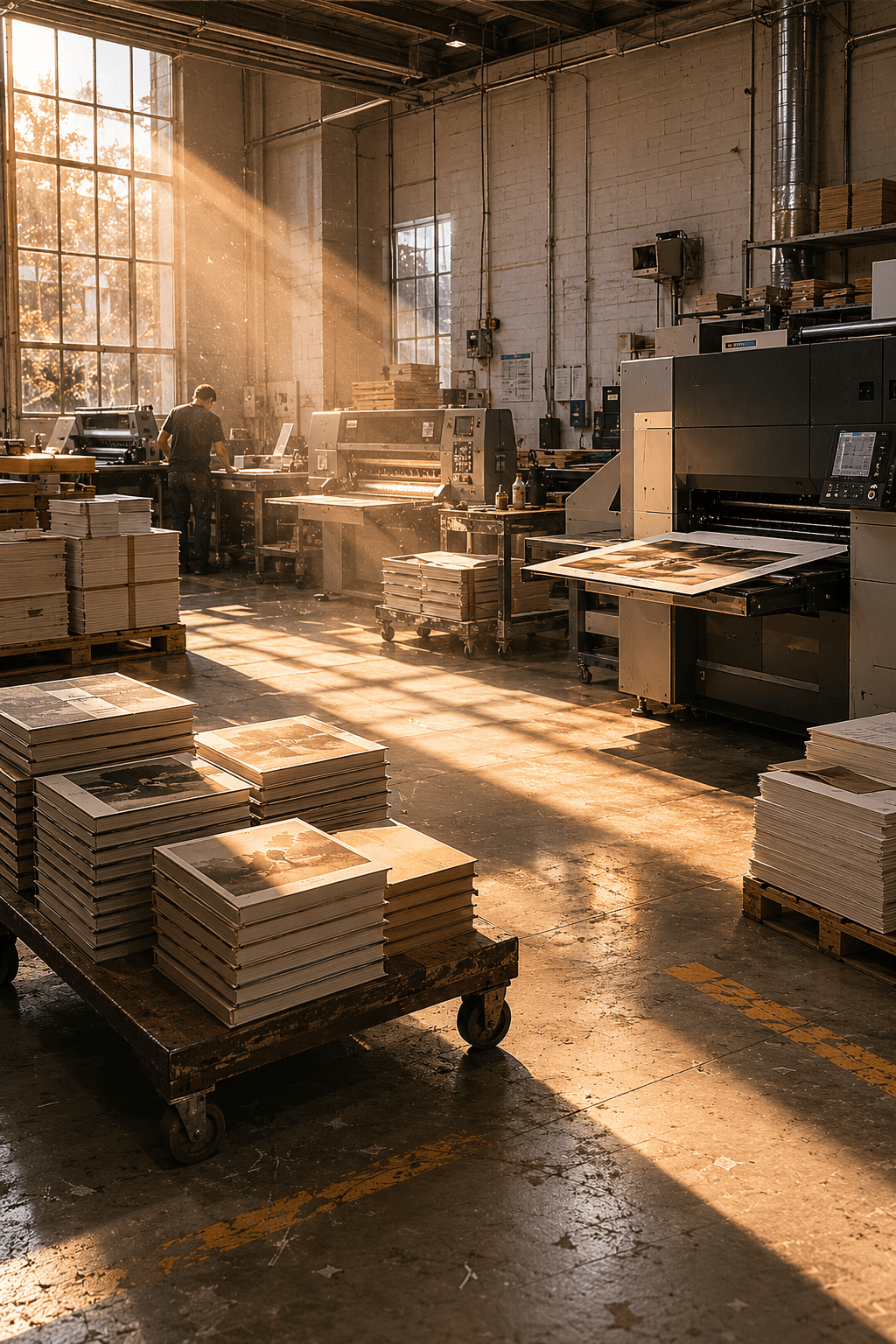 Late-afternoon sunlight pouring into a working print warehouse: a digital press, pallets of paper, and a low cart stacked with freshly-printed photo books.