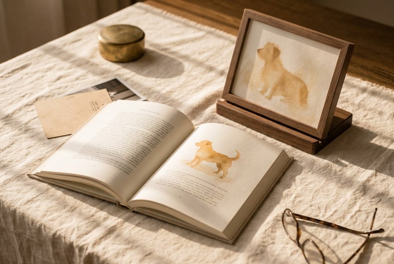 An open illustrated hardcover book rests on cream linen beside a small framed painted portrait leaning at an angle, warm afternoon light falling across both, a brass paperweight at the far edge of frame.