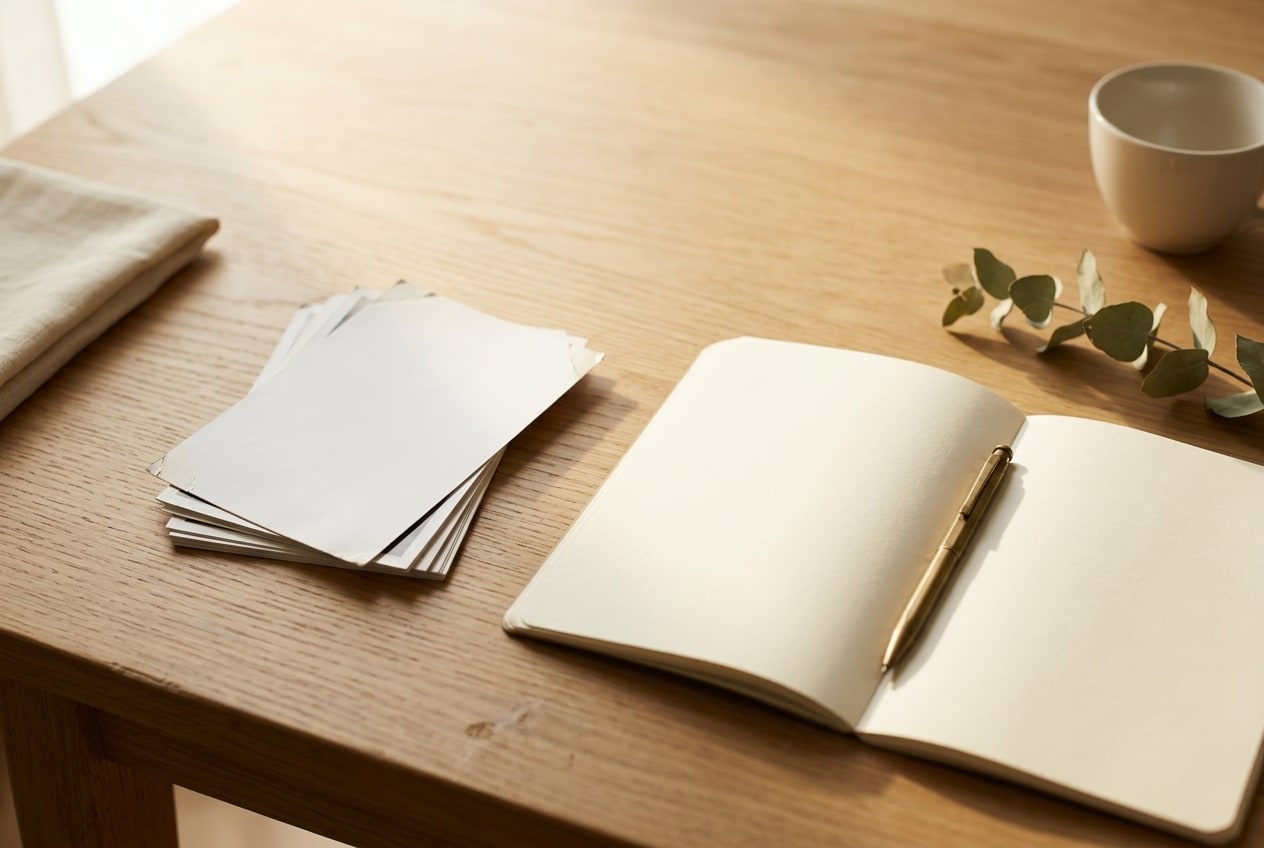 A small unfanned stack of loose printed photographs rests face-down on a warm oak table beside an open plain notebook and a slim brass pen, warm afternoon window light falling across the table from the left.