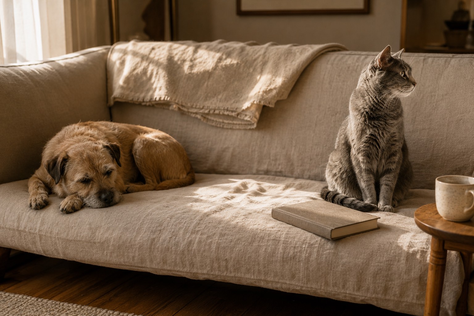 A short-haired tan terrier rests at one end of a worn linen sofa with his head on his paws while a gray domestic shorthair cat sits upright at the other end, late afternoon light falling across the cushion between them, a folded wool throw and a closed hardcover book at the edges of the frame.