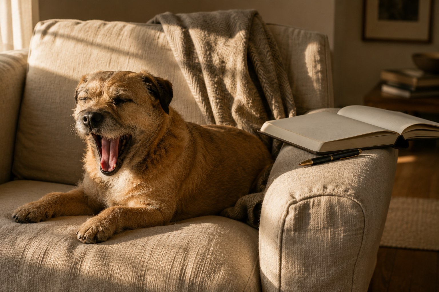 A short-haired tan terrier sits mid-yawn on an unbleached linen armchair in late afternoon light, an open hardcover notebook and a fountain pen resting on the arm of the chair beside him, a folded wool throw draped over the chair back.