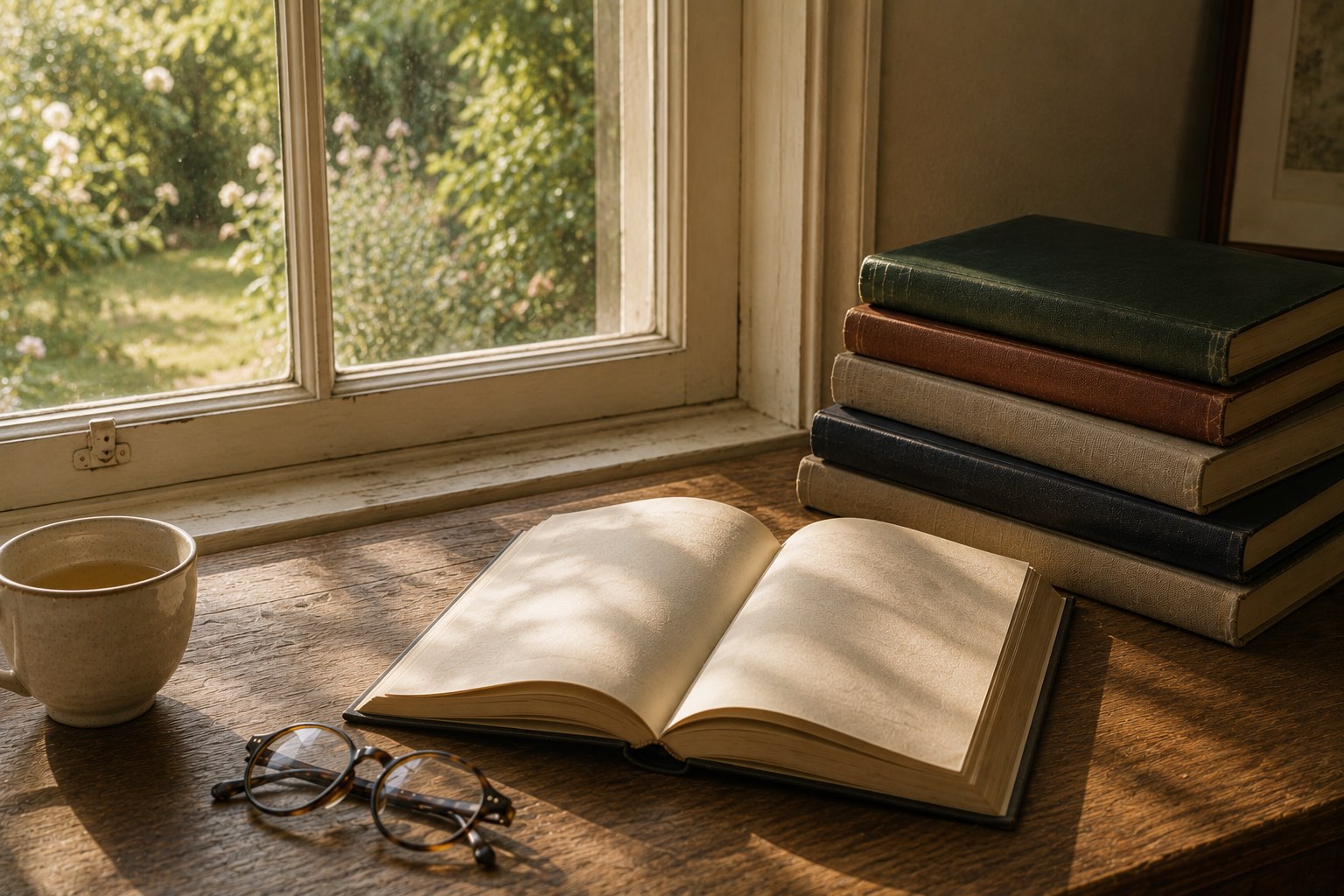 A small stack of well-read hardcover and softcover books rests on an unbleached linen cloth in warm afternoon window light, a single open volume at the front with a worn cloth bookmark, the spines of the others visible in soft focus behind.