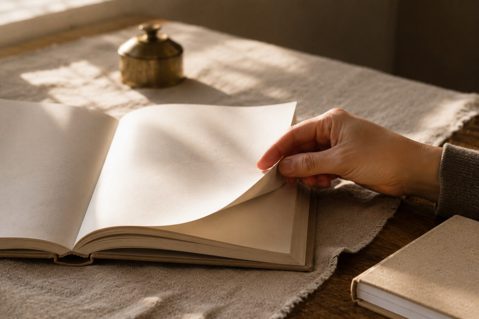 A pale hand mid-turn on a heavy cream page of an open hardcover book, the slight curl of the page catching warm afternoon window light, paper grain visible at the edge, a small brass paperweight resting at the far edge of frame.