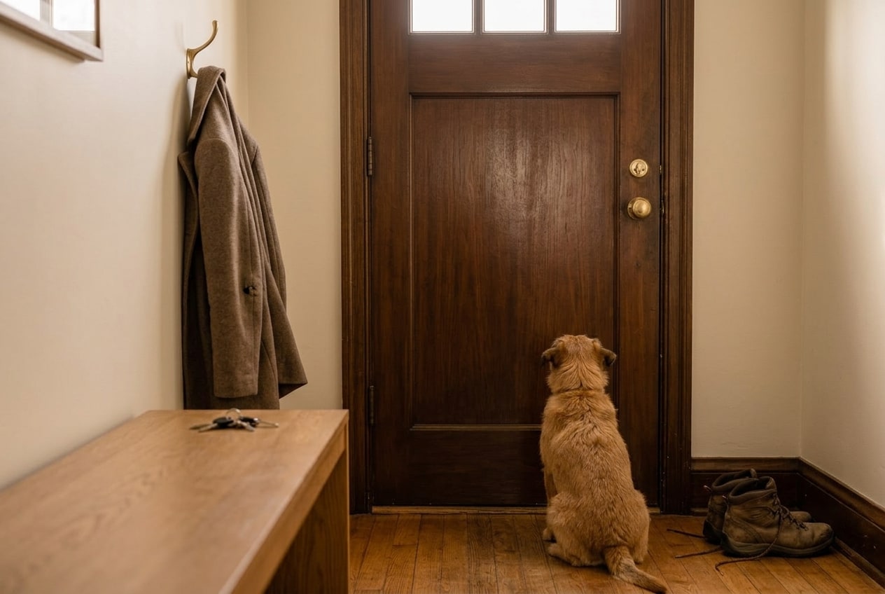 A short-haired terrier sits at the base of a closed wooden door in a warm sitting room, ears set forward, back to the camera, late afternoon light coming through a small transom window above the door, a folded coat on a hook and a set of keys on a low console table at the far edge of frame.