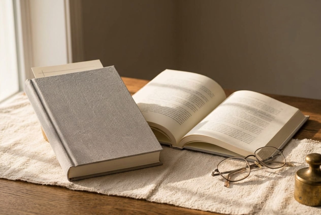A closed hardcover personalized pet book stands on a cream linen surface beside an open softcover copy of the same book, warm afternoon light catching the page of the softcover, a small brass paperweight at the far edge of frame.