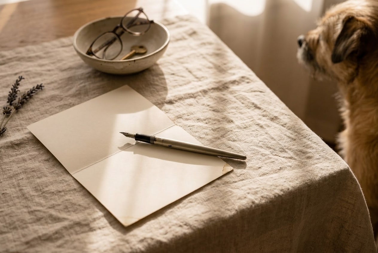 A folded cream letter card rests on an unbleached linen tablecloth, a fountain pen laid across the fold, warm afternoon window light catching the paper grain, a short-haired tan terrier's ear visible in soft focus at the far edge of frame.