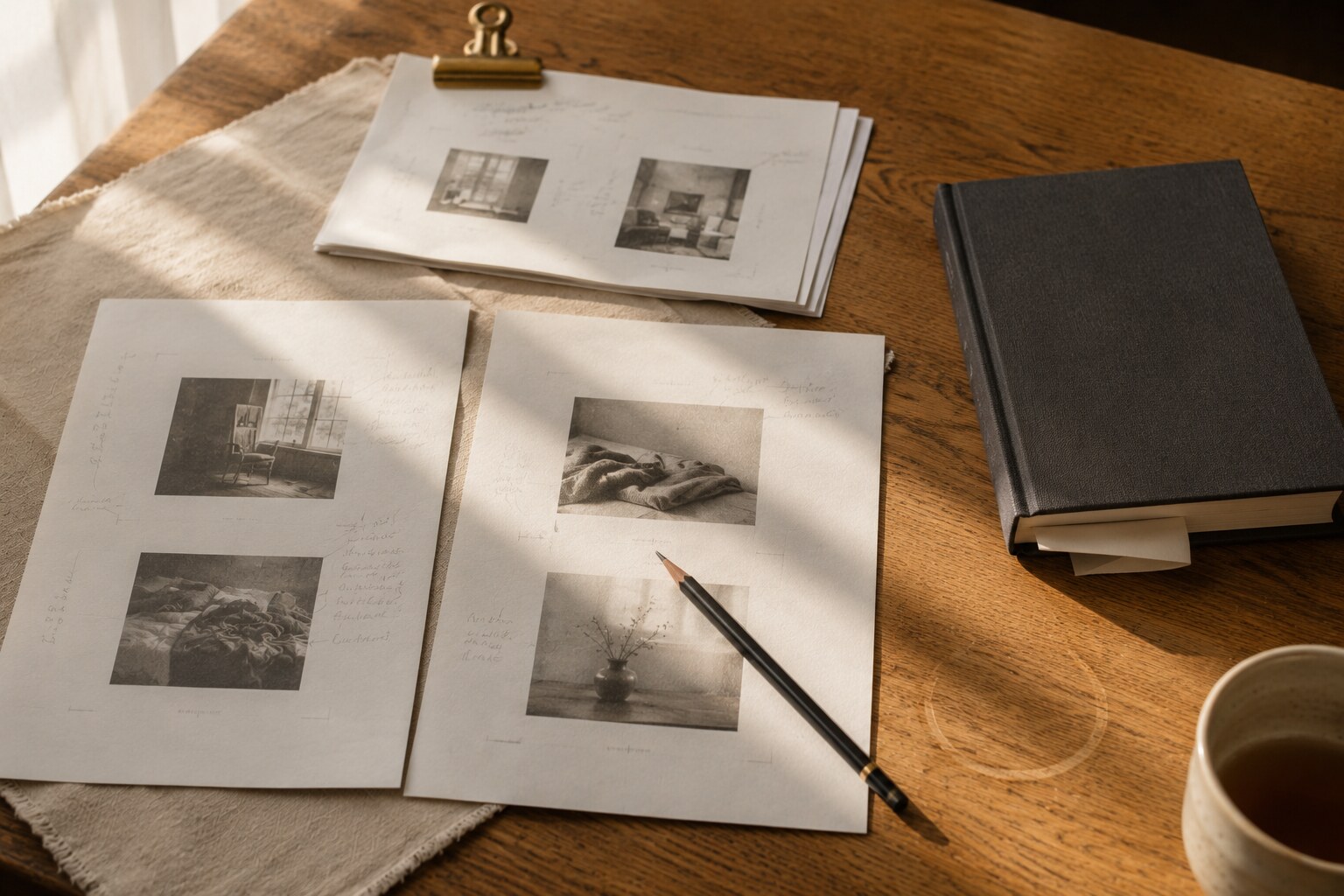 An editor's oak desk seen from above at a slight angle, two proof sheets of a book interior lying side by side with faint pencil margin notes, a graphite pencil across one proof, a closed charcoal hardcover at the right edge and a ceramic cup of tea cropped at the far edge of frame, warm late-morning window light from the left.