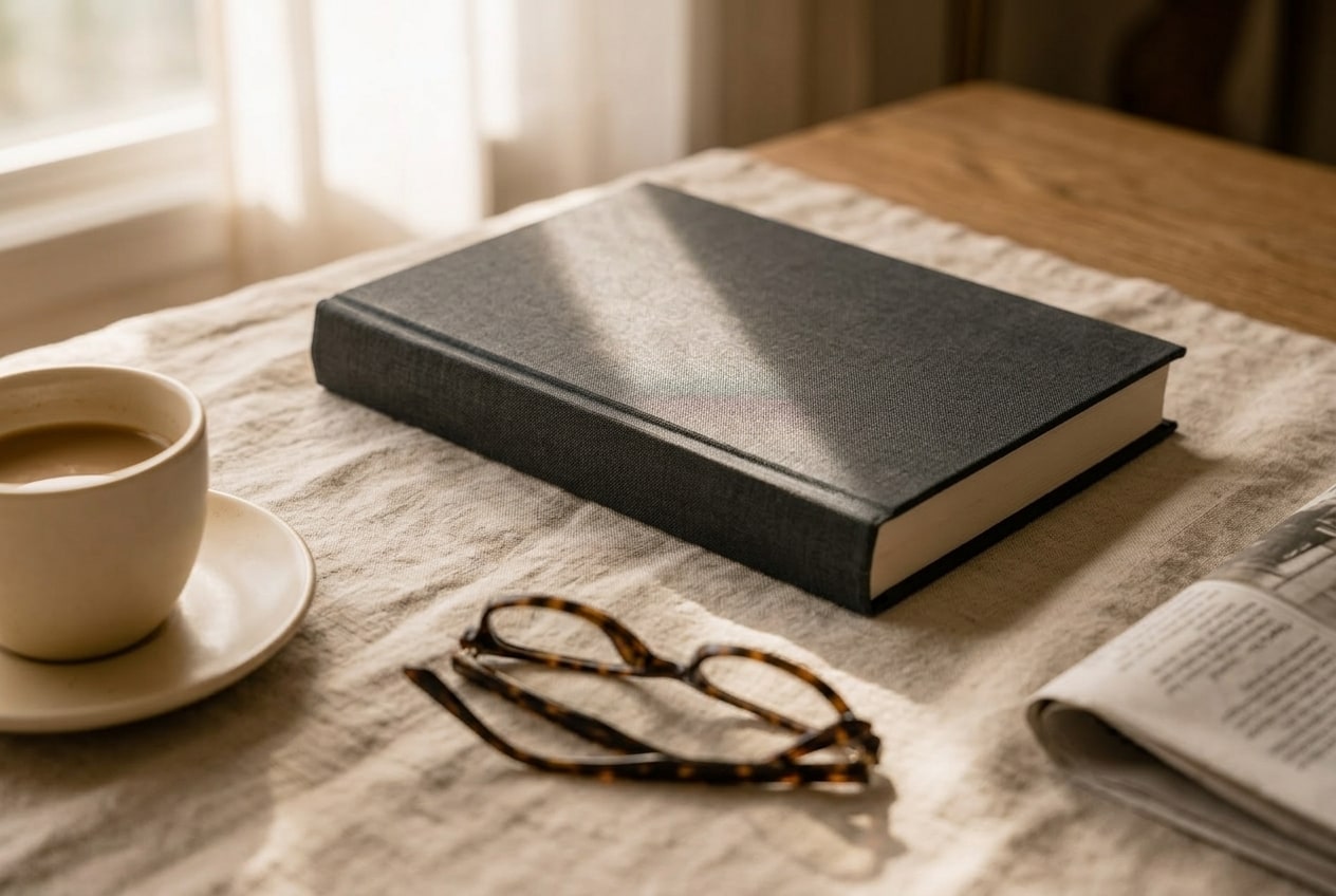 An adult hardcover personalized pet book rests on an unbleached linen surface in warm afternoon light, spine facing the viewer, the deep charcoal casewrap cloth catching a soft directional highlight, a folded newspaper and a small ceramic cup just visible at the far edge of frame.