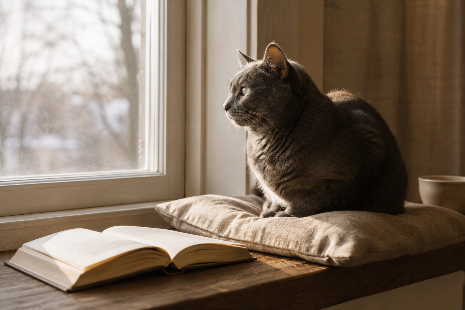 A grey domestic shorthair cat sits in a deep oak windowsill, late afternoon light falling across her shoulder, a small open hardcover book set down beside her on the linen cushion.