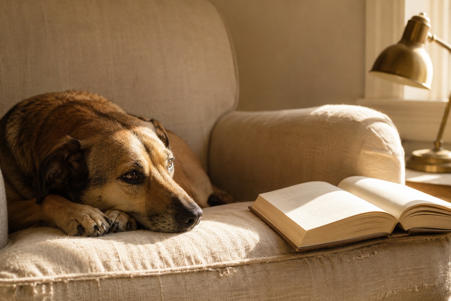 A short-haired tan dog rests on a worn linen armchair beside an open hardcover book, warm afternoon light falling across the page, a brass lamp at the far edge of frame.