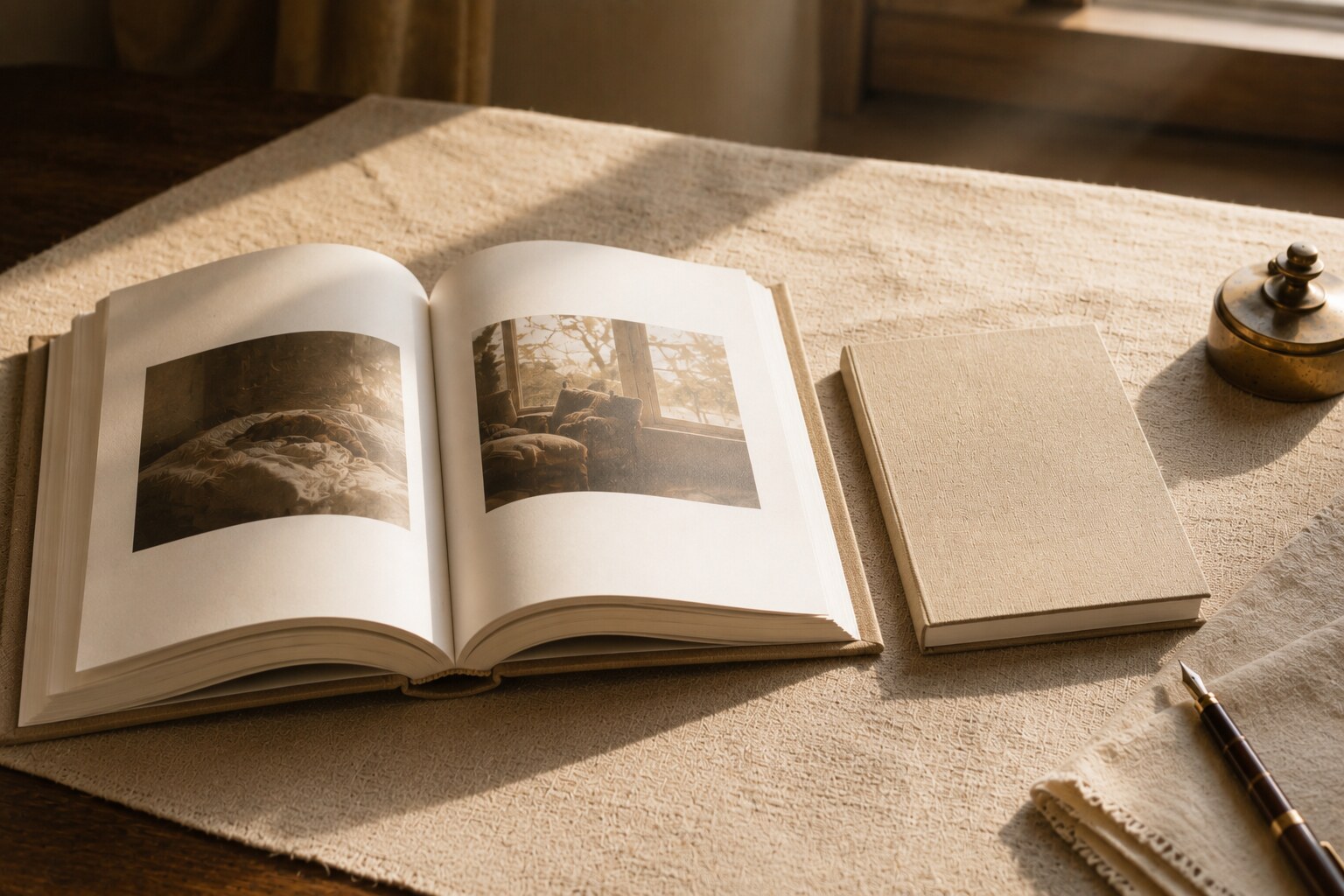 An open hardcover photo book rests on a cream linen surface beside a smaller softcover volume, warm afternoon light catching the page, a brass paperweight at the far edge of frame.