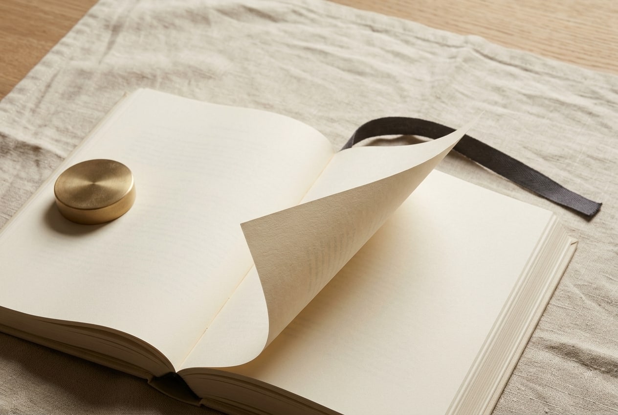 A close overhead detail of a heavy cream page mid-turn in a hardcover book, warm afternoon window light catching the paper grain along the folded edge, a small brass paperweight resting at the far edge of frame on an unbleached linen surface.