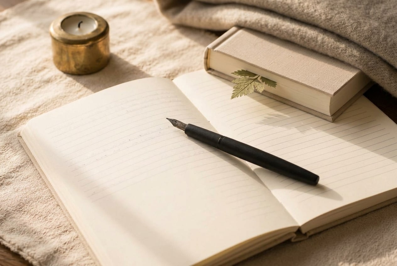 An open cream notebook rests beside a small closed hardcover book on a linen surface, a slim black fountain pen laid across the notebook page, warm afternoon window light catching the paper.