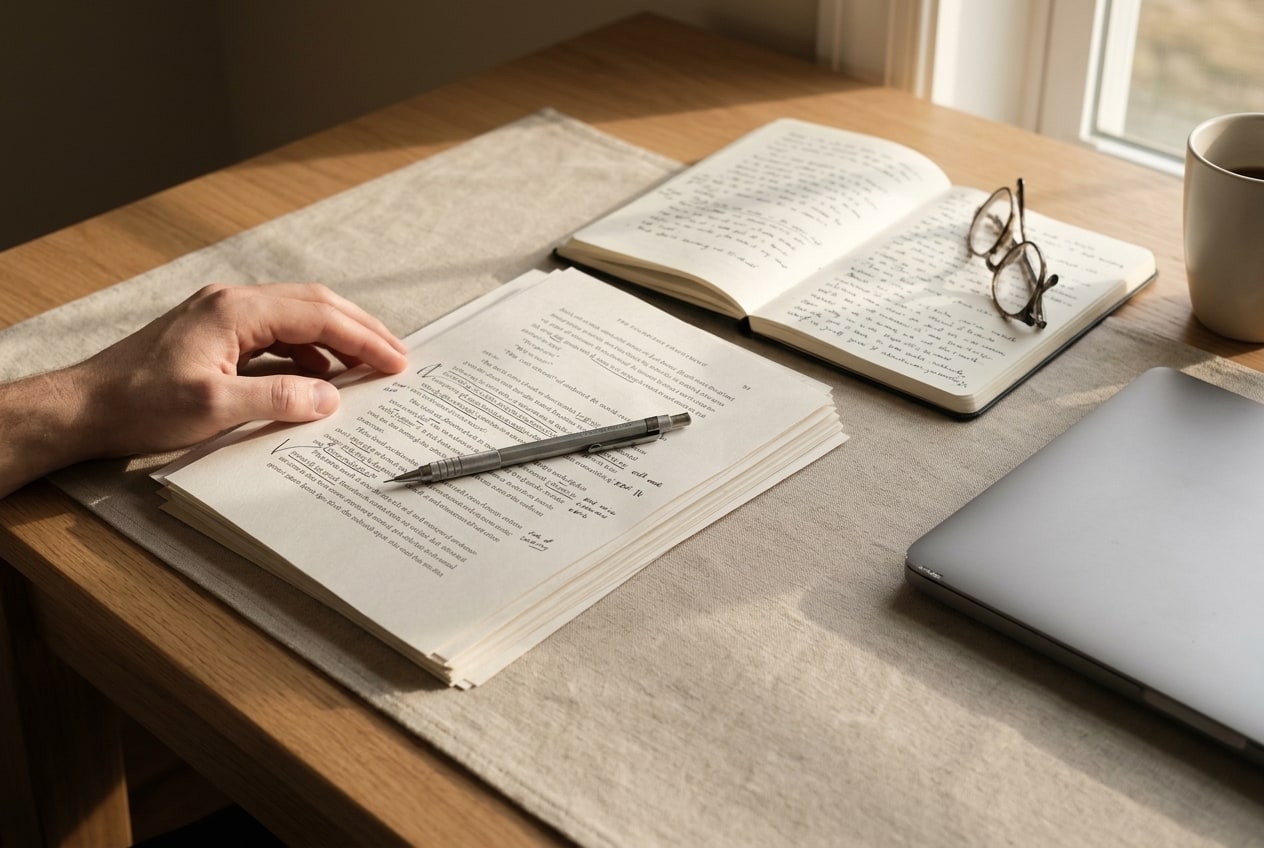 A wooden editor's desk in warm afternoon light with a marked-up book proof on top of a short stack of similar sheets, an open notebook with margin notes in pen, a mechanical pencil resting across the top page, and the closed matte lid of a laptop at the far edge of frame.