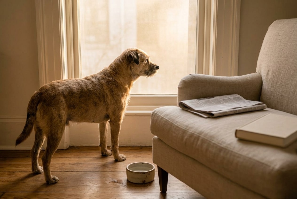 A medium-sized dog stands in profile at a tall sunlit window in a quiet room, looking out into the afternoon light rather than at the camera, a folded newspaper resting on the arm of an unbleached linen chair at the near edge of frame.